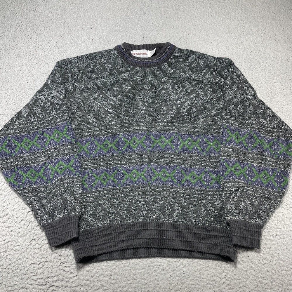 Vintage McGregor Sweater Mens Large Gray‎ Geometric Knit Crewneck Pullover 80s